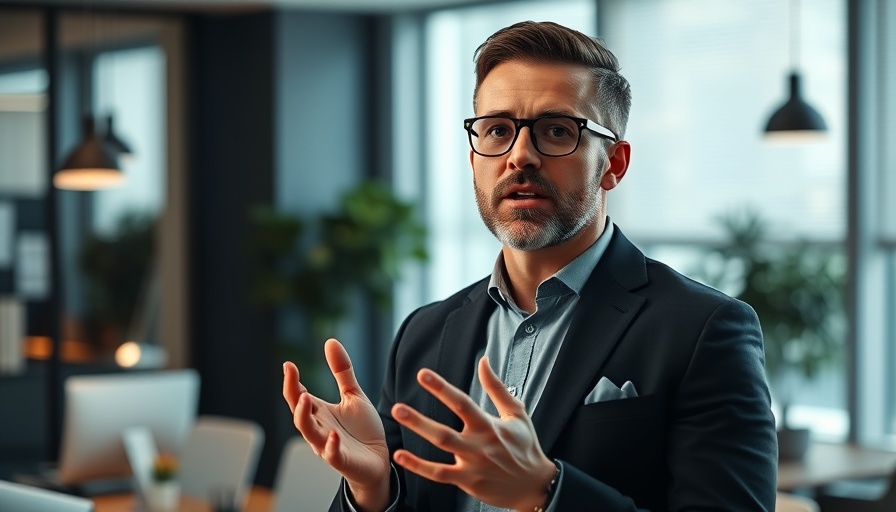 Confident man discussing social media strategy in a modern office.