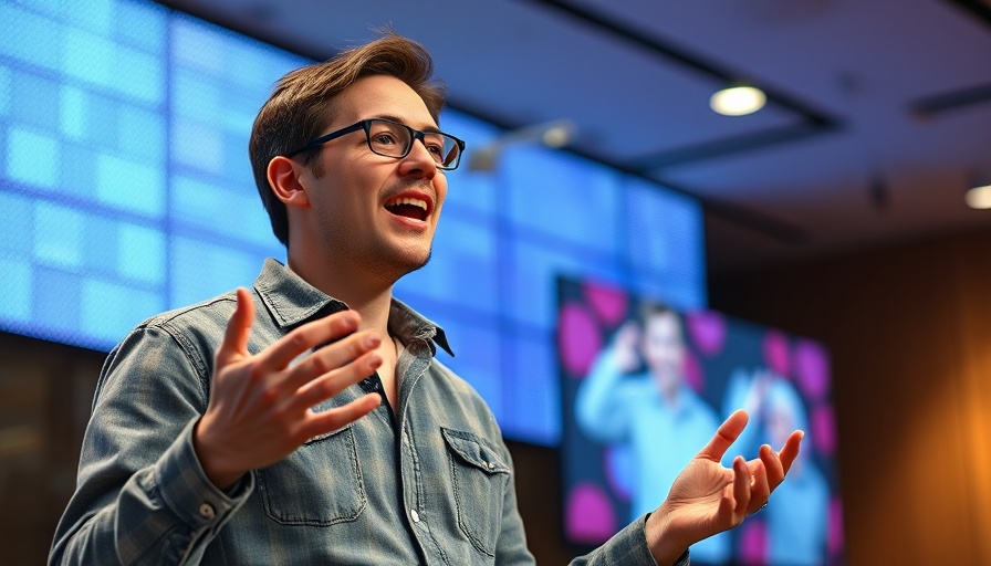 Passionate speaker on stage discussing technology in social media marketing.