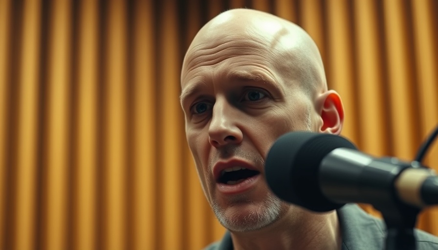 Bald male speaker, animated speech in soundproofed room