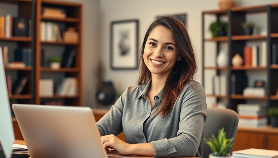 Confident woman discussing mental health in business setting.