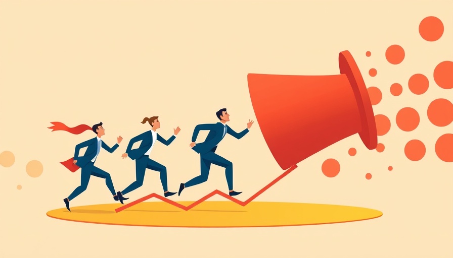 Illustration of businesspeople running towards a funnel, representing conversion funnels.