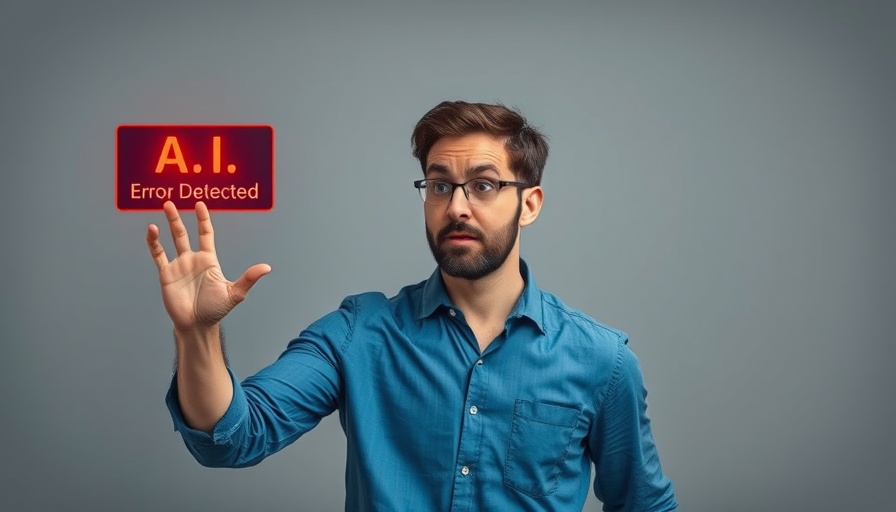 Man gesturing at AI error sign, blogging for business concept.