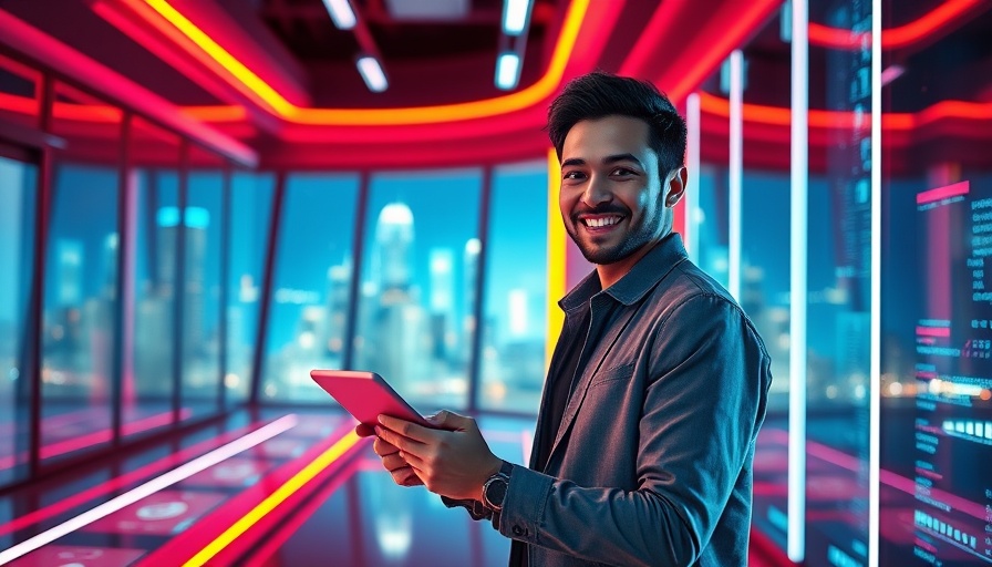 Man with tablet in futuristic setting, 'blogging for money' concept