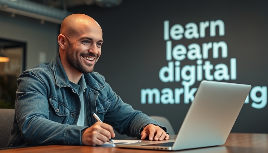 Smiling man writing at desk, learning how to start a blog.