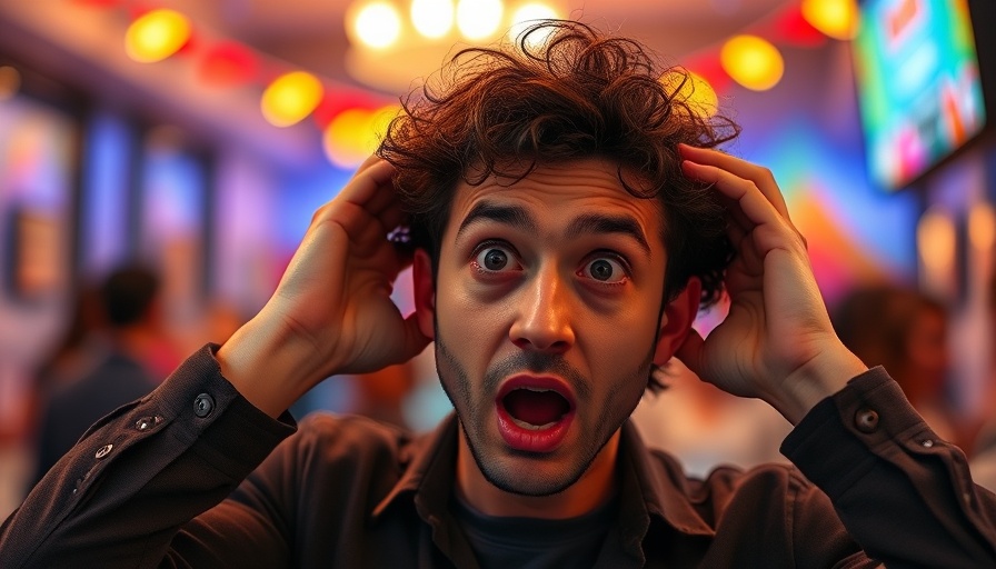 Surprised man sharing blogging tips in a colorful indoor setting.