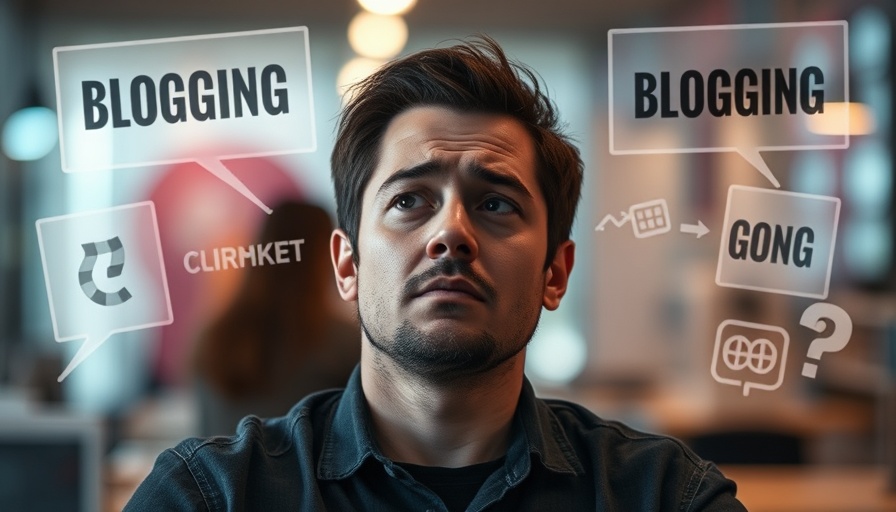 Man contemplating future of blogging with blogging graphics.