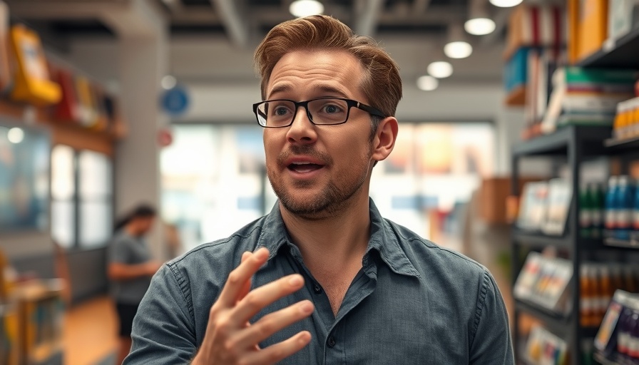 Man in a casual setting discussing social media marketing indoors.