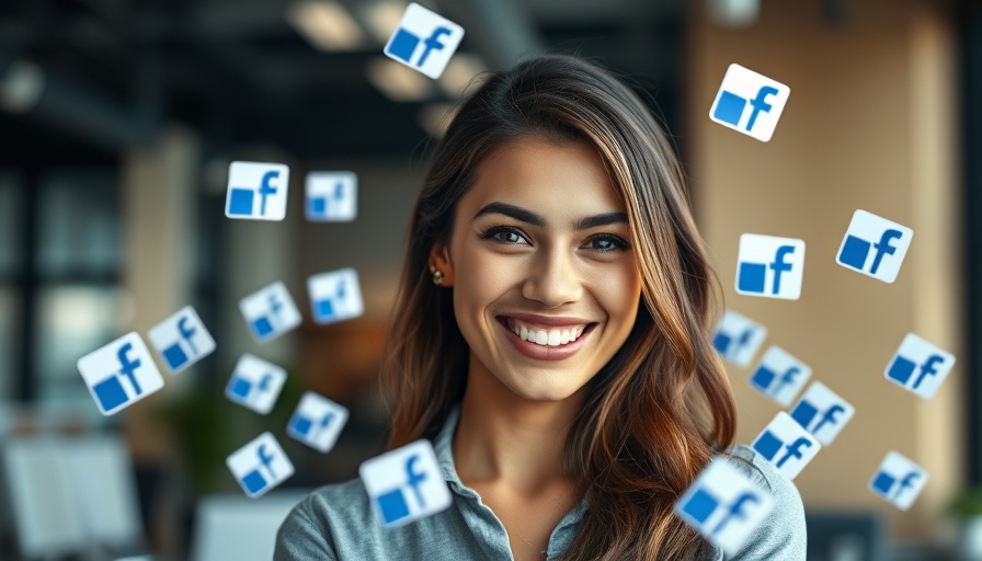Woman smiling with Facebook Ads icons, modern office background.