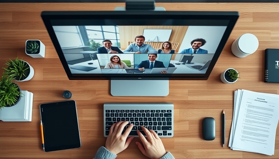 Virtual meeting on computer screen at organized desk showcasing remote work communication.