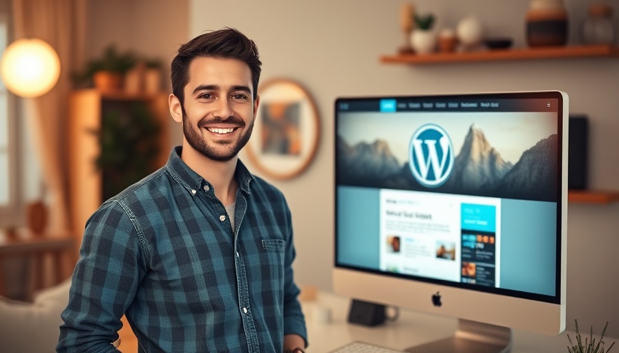 Smiling man beside WordPress screen, blogging for profit.