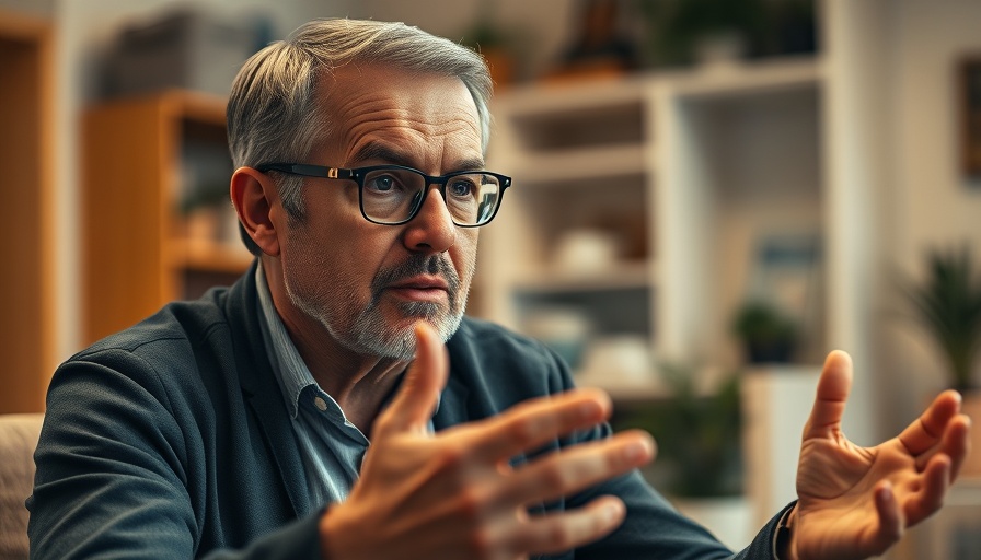 Middle-aged man discussing social media marketing in home office.