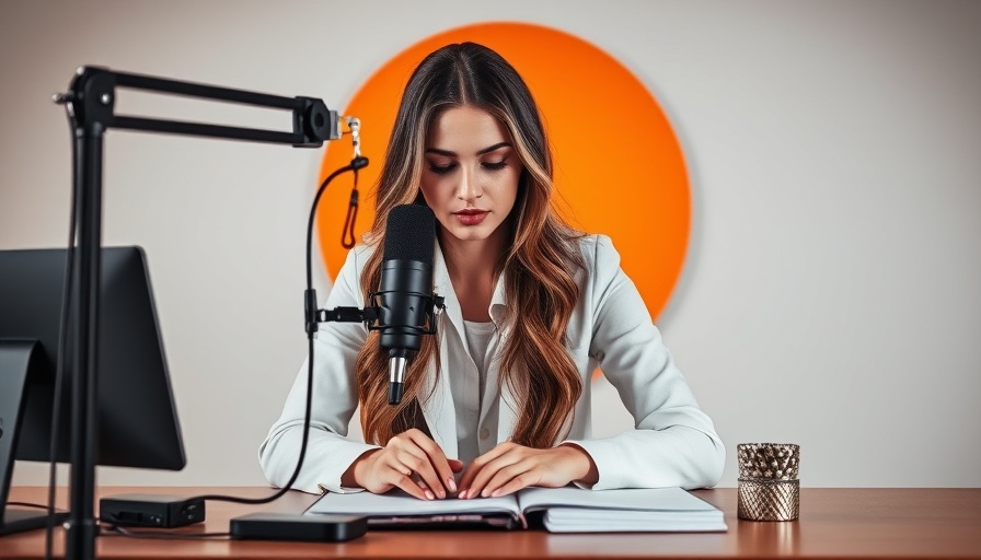 User-generated content: woman creating a podcast with social media icons.