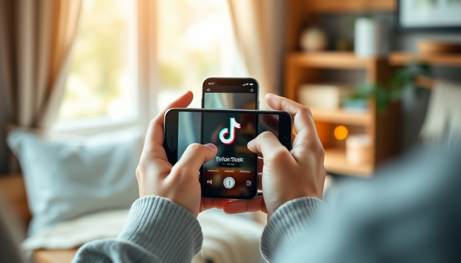 Hands holding phone with TikTok app icon, cozy setting.