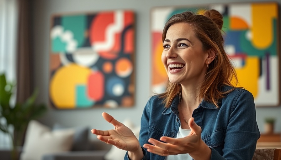 Smiling woman discussing social media strategy in a colorful room.