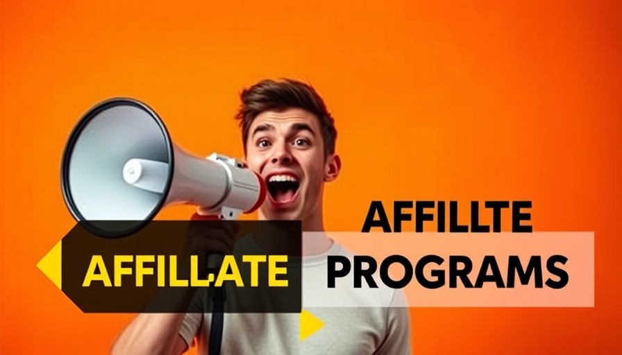 Man using megaphone to promote affiliate programs, orange background.