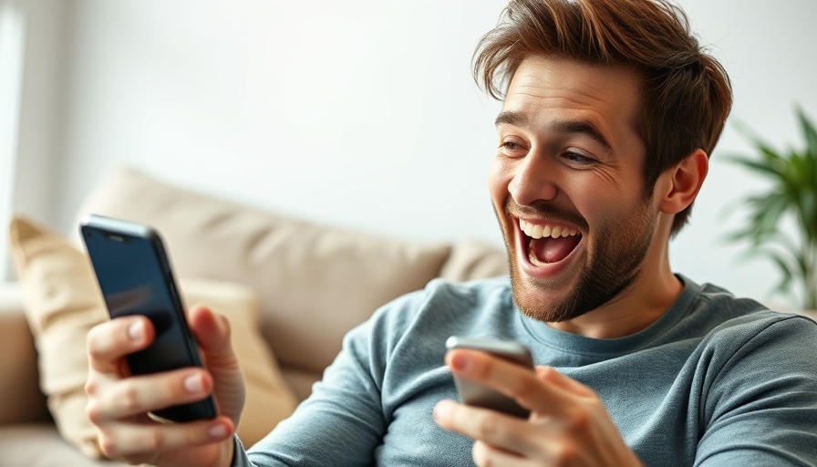 Smiling man exploring digital marketing on smartphone