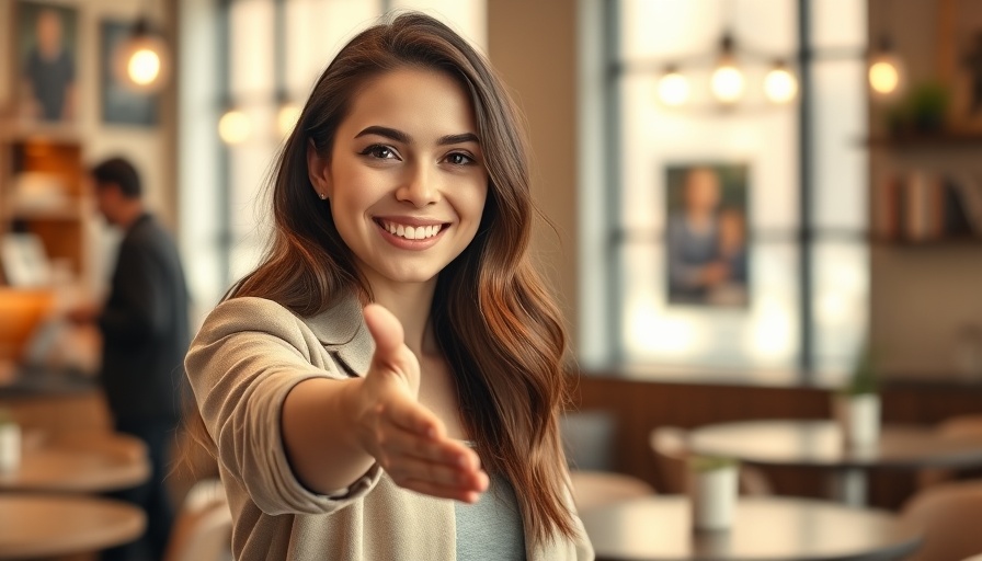 Affiliation Agreement Tips: Woman offering handshake in cafe.