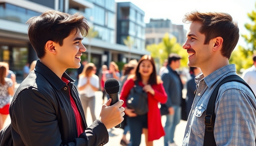 Interview at outdoor event, vibrant urban setting.