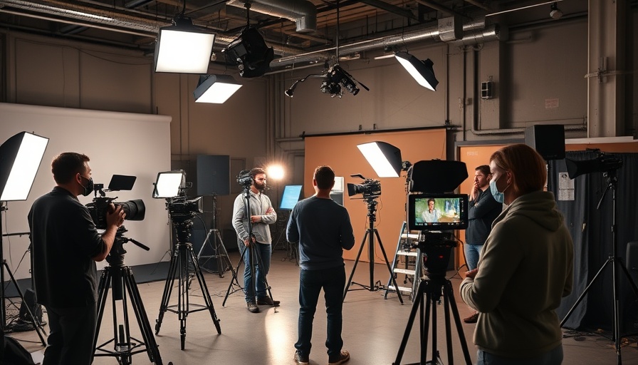 Film crew recording in studio, illustrating video marketing process.