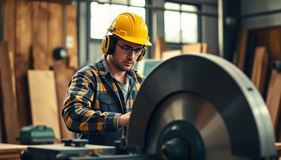 Industrial worker operating circular saw in workshop.