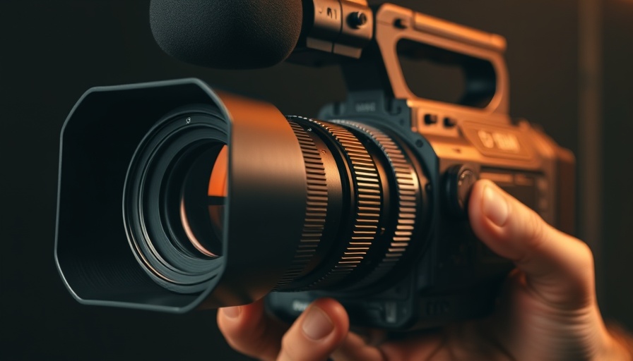 Close-up of professional video camera lens, dim light setting.