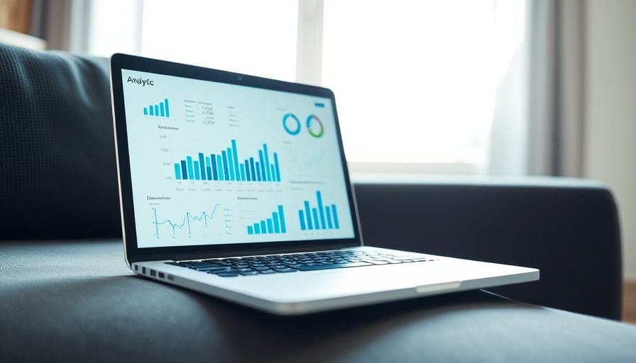 Laptop on couch displaying social media analytics tools with charts.