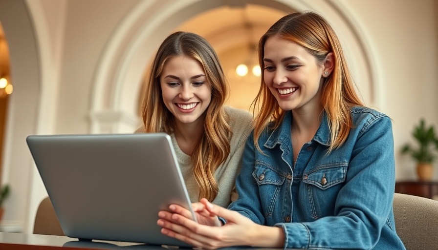Two women collaborating on social media campaigns, bright setting.