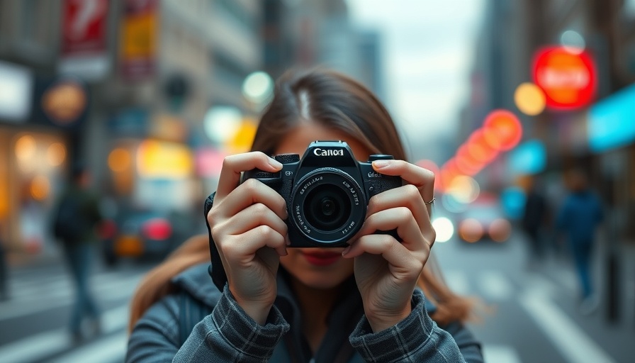 Young woman photographing an urban street, showcasing camera skills, social media image sizes 2025 backdrop.