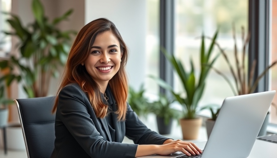 AI Marketing Roadmap presentation by a smiling woman in an office.