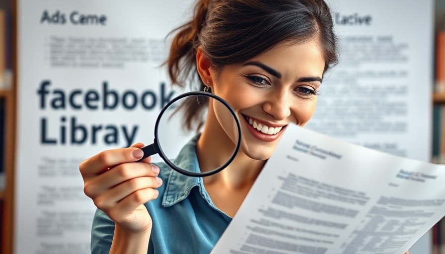 Smiling woman with magnifying glass inspecting Facebook Ads Library.