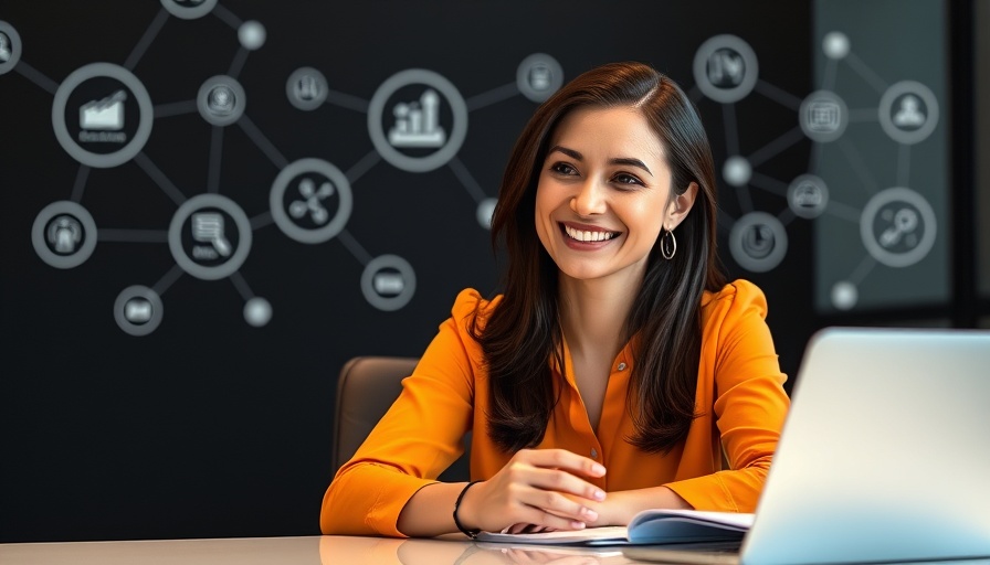 2025 marketing trends presentation with infographic icons and a woman.