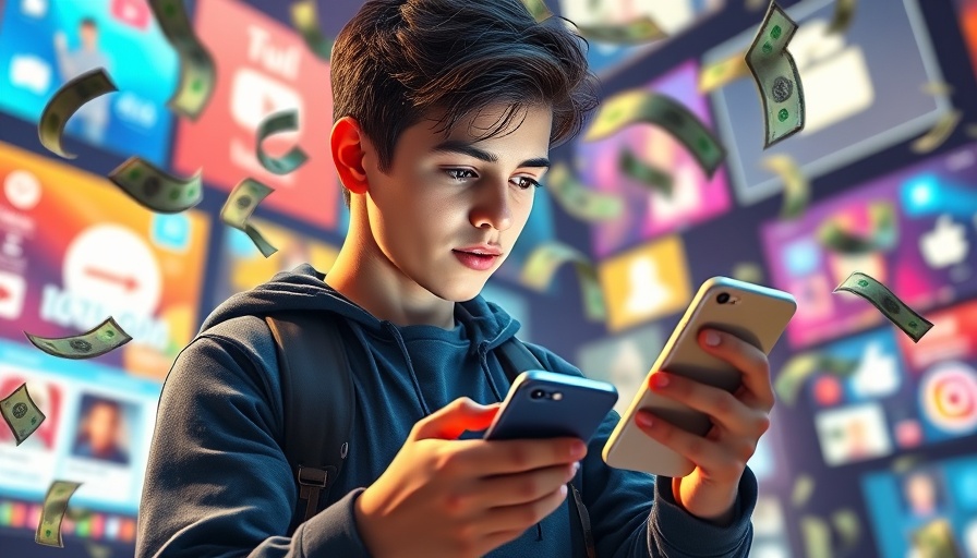 Influencer marketing illustration with social media and dollar bills.