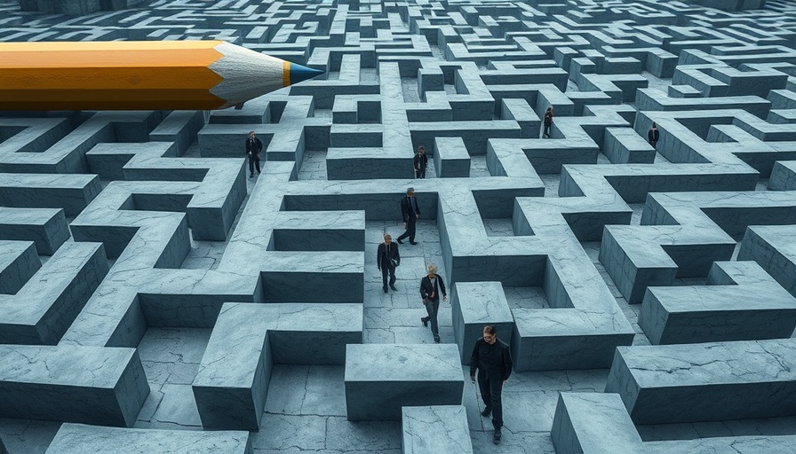 Conceptual scene of business figures and giant pencils in a maze, representing effective press release writing.