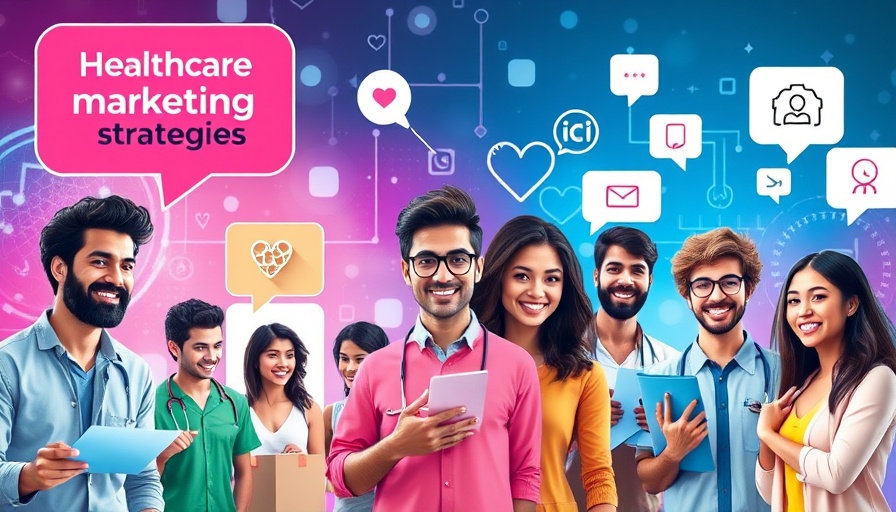 Social media marketing in healthcare with vibrant posts and diverse individuals.