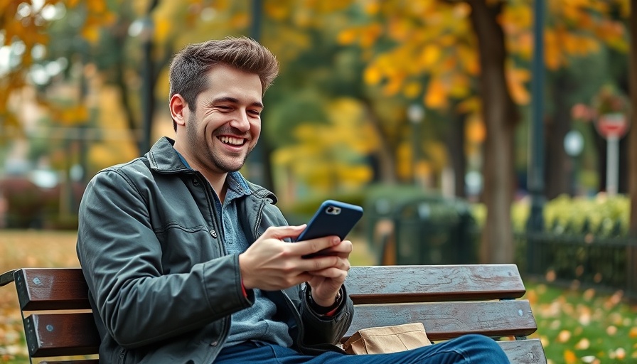 Smiling man sharing Instagram feed posts to stories, park setting with autumn leaves.