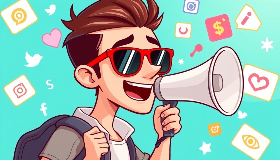 Social media influencer marketing cartoon illustration with icons.