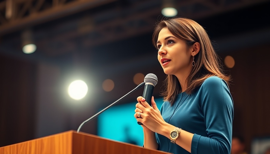 Female speaker embraces discomfort in engaging presentation