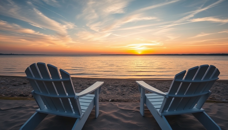 Tranquil Wisconsin beach scene at sunset with Adirondack chairs.