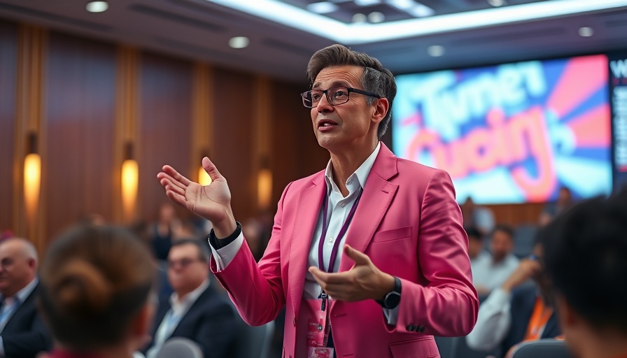 What would the real AI do? Presenter in pink suit at conference.