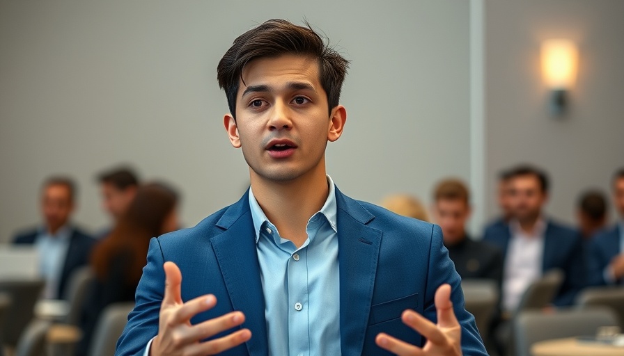 Man speaking dynamically in a conference setting on press release distribution.