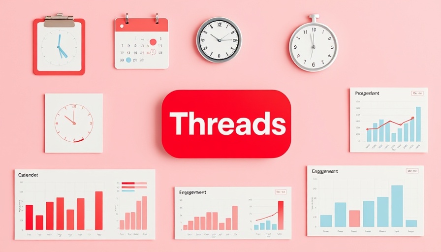 Digital analytics collage with Threads logo, clock, and charts; best time to post on Threads.