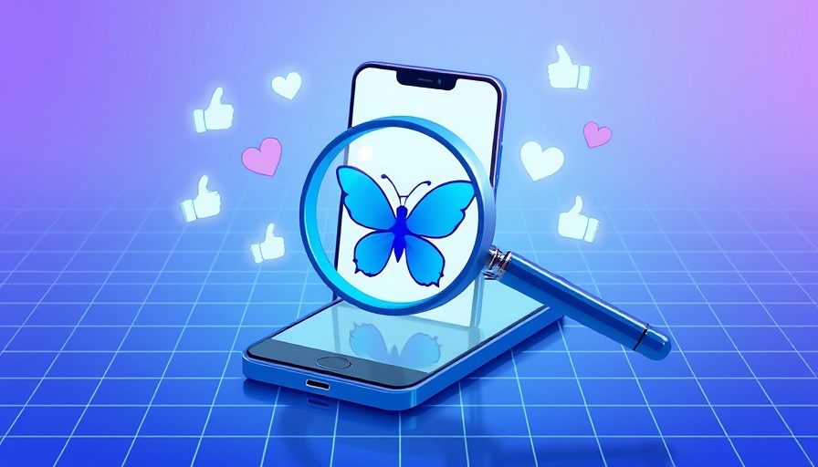 Digital illustration of smartphone with blue butterfly logo under magnifying glass.