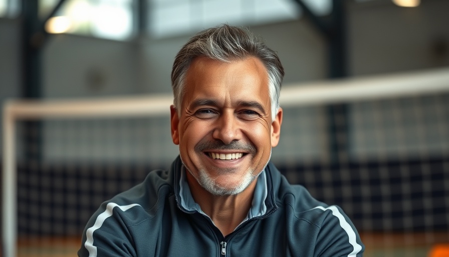 Smiling man sitting indoors, soft lighting, sports setting.