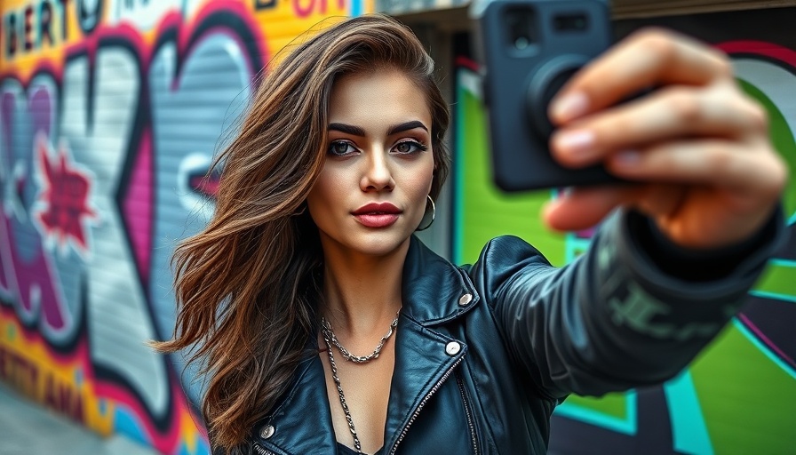 Trendy young woman taking a selfie in front of colorful graffiti, Instagram image size guide 2025.