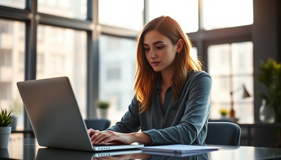 Young woman working on email marketing strategies at office desk.