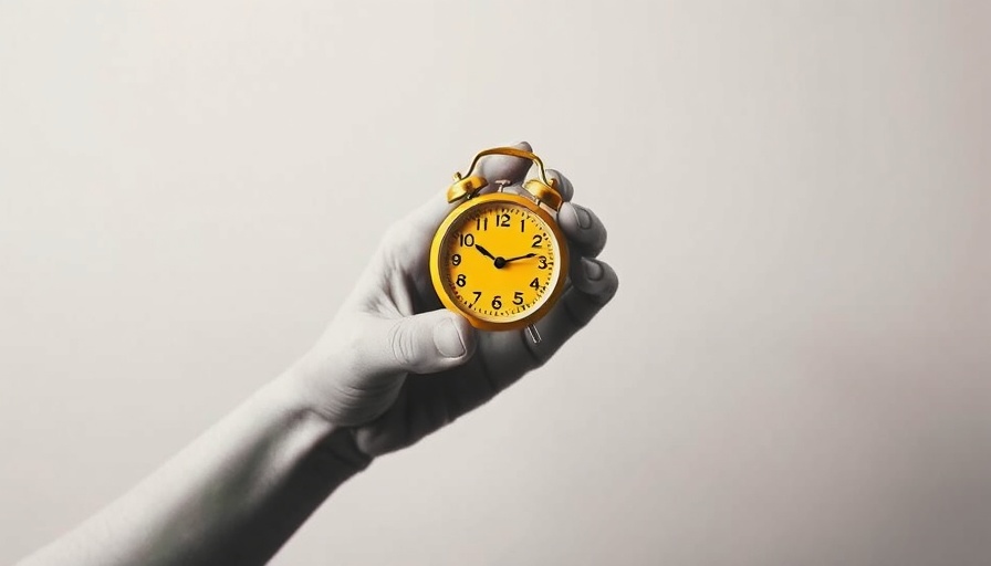 Minimalist art of hand holding yellow clock for AI Social Media Content Creation Tools.