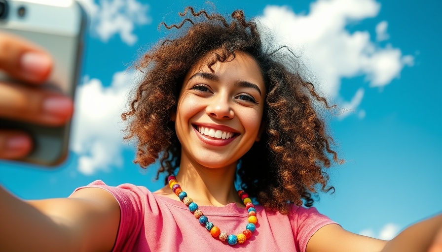 Young woman taking a selfie against a cloud backdrop, User-Generated Content.