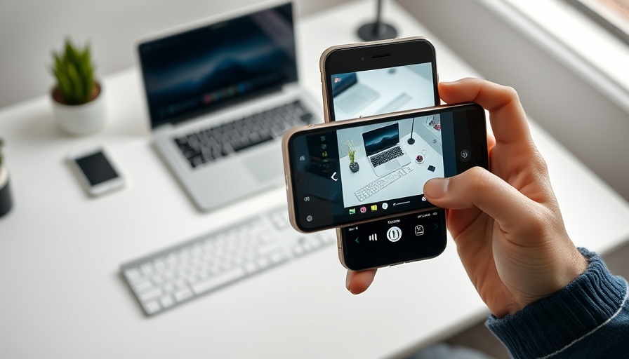 Modern workspace with smartphone showing social media.
