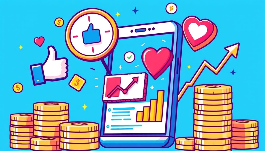 Social media marketing illustration with currency and engagement icons.