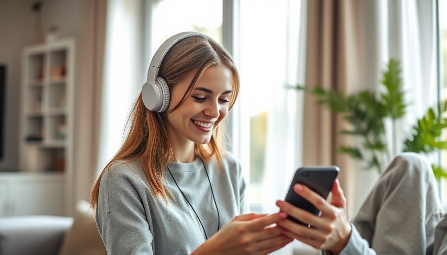Woman enjoying music on smartphone, trending songs on TikTok 2025.